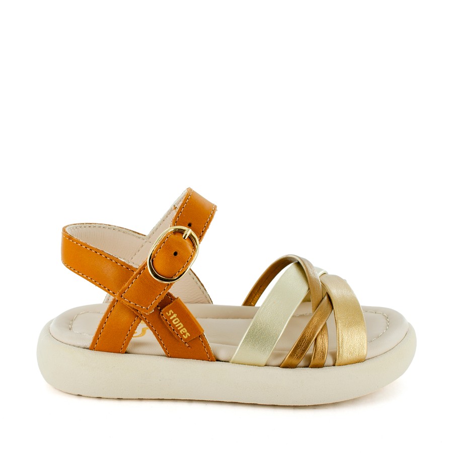 Girls STONES and BONES Sandals | Clary Pearl - Calf Cognac + Gold - Stones And Bones